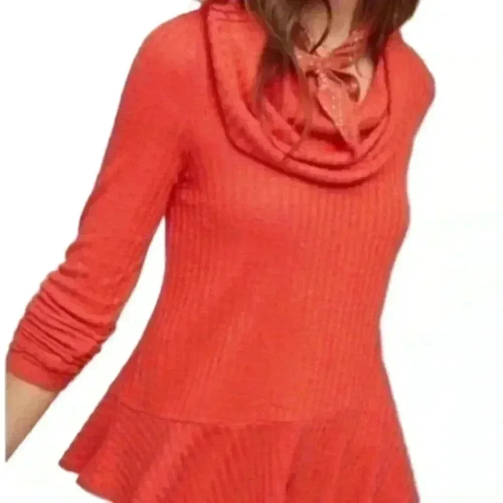 Maeve Ribbed Knit Tunic Sweater Womens XL Orange Cowl Neck Peplum Long Sleeve - Picture 7 of 9